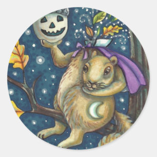 SQUIRREL OF SLEEPY HOLLOW & ACORN, FUNNY HALLOWEEN CLASSIC ROUND STICKER
