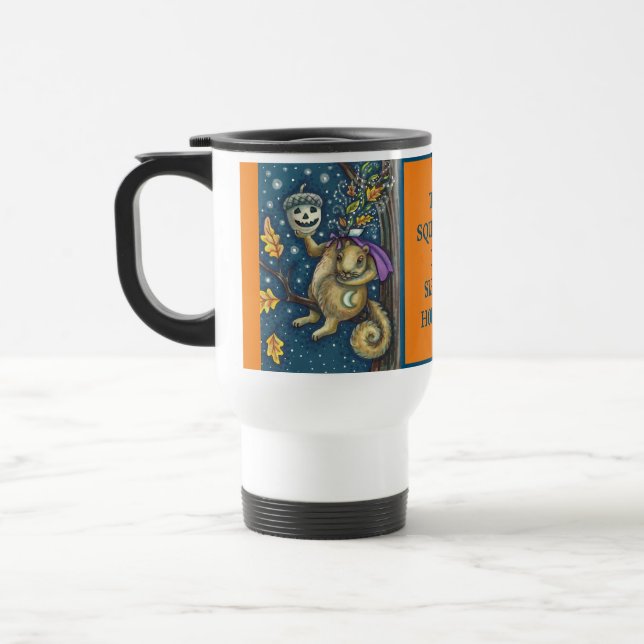 SQUIRREL OF SLEEPY HOLLOW & ACORN, FUNNY HALLOWEEN TRAVEL MUG (Left)