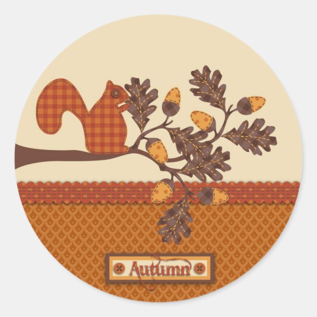 Squirrel on Branch Applique-look Thanksgiving Classic Round Sticker (Front)