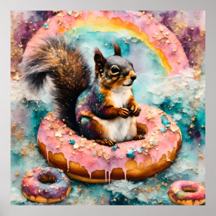 Squirrel on Floating Glazed Doughnut Funny Sweet Poster
