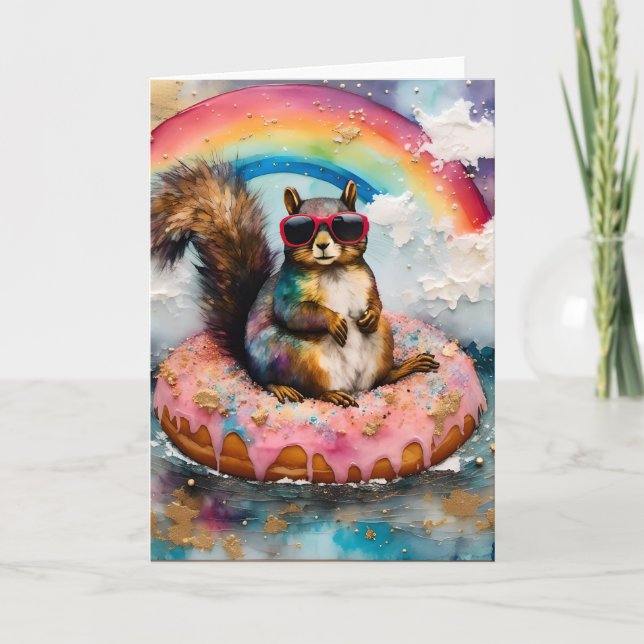 Squirrel on Floating Glazed Doughnut Funny Vacatio Card (Front)
