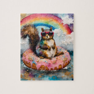 Squirrel on Floating Glazed Doughnut Funny Vacatio Jigsaw Puzzle