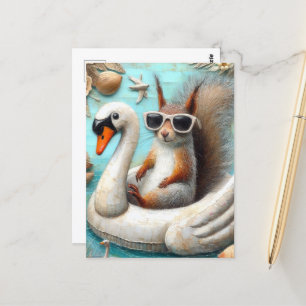 Squirrel on Floating Swan Funny Cute Postcard