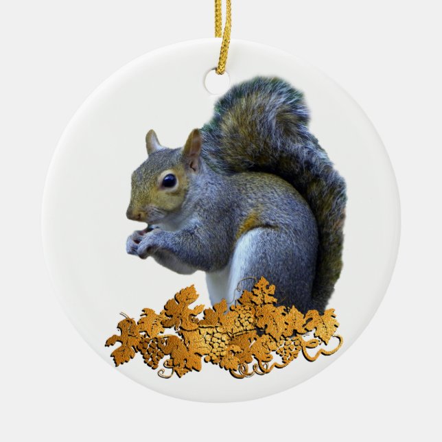 Squirrel on Golden Leaves Ceramic Tree Decoration (Front)