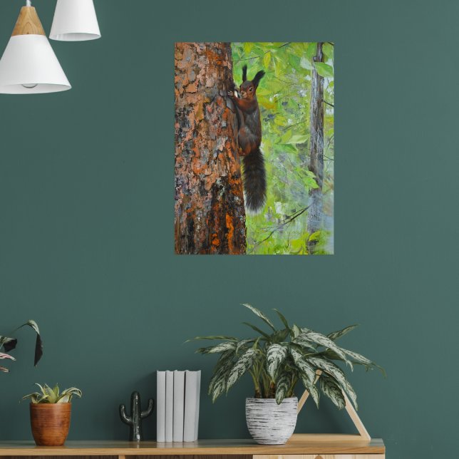 Squirrel on Pine Tree – Realistic Oil Painting Poster (Living Room 1)