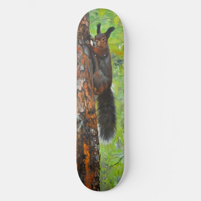 Squirrel on Pine Tree – Realistic Oil Painting Skateboard (Front)