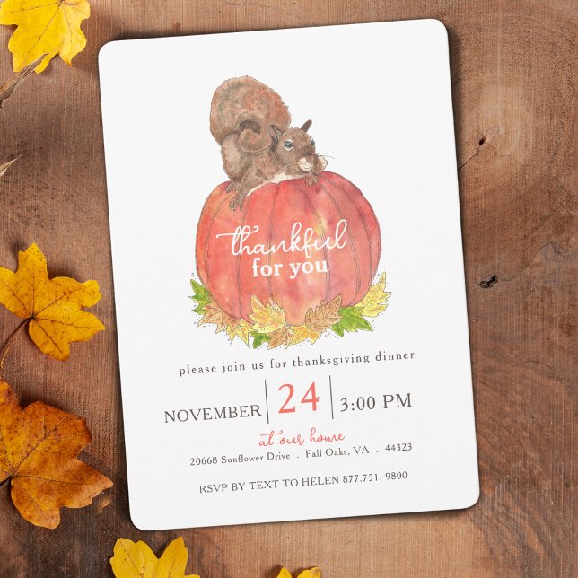 Squirrel on Pumpkin Watercolor Thanksgiving Invitation (Autumn Watercolor Squirrel Thanksgiving Invitation)