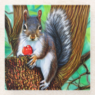 Squirrel on The Tree with Fruit-47566 Glass Coaster