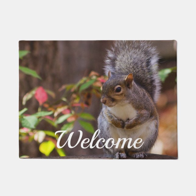 Squirrel Patiently Begs Welcome Doormat (Front)