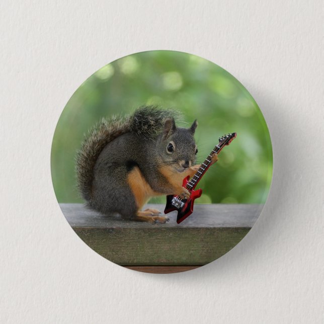Squirrel Playing Electric Guitar 6 Cm Round Badge (Front)
