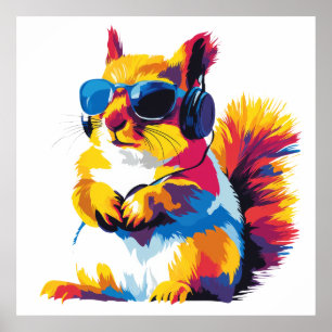 Squirrel Portrait Glasses Watercolour Painting Poster