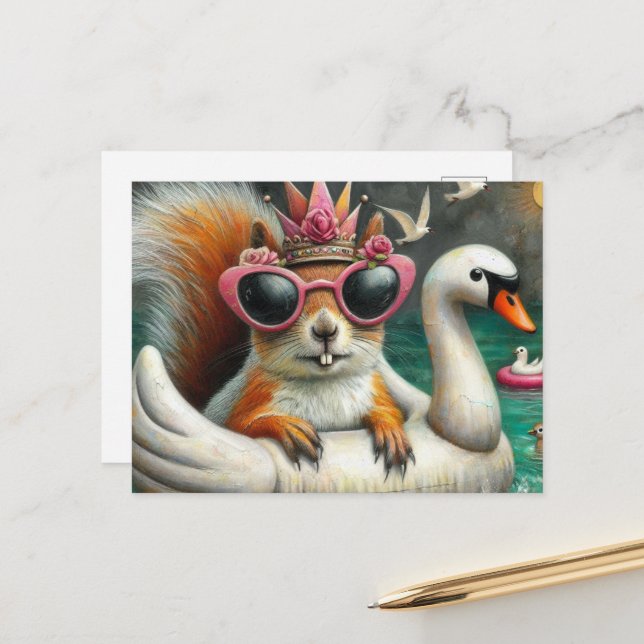 Squirrel Princess on Floating Swan Funny Cute Postcard (Front/Back In Situ)