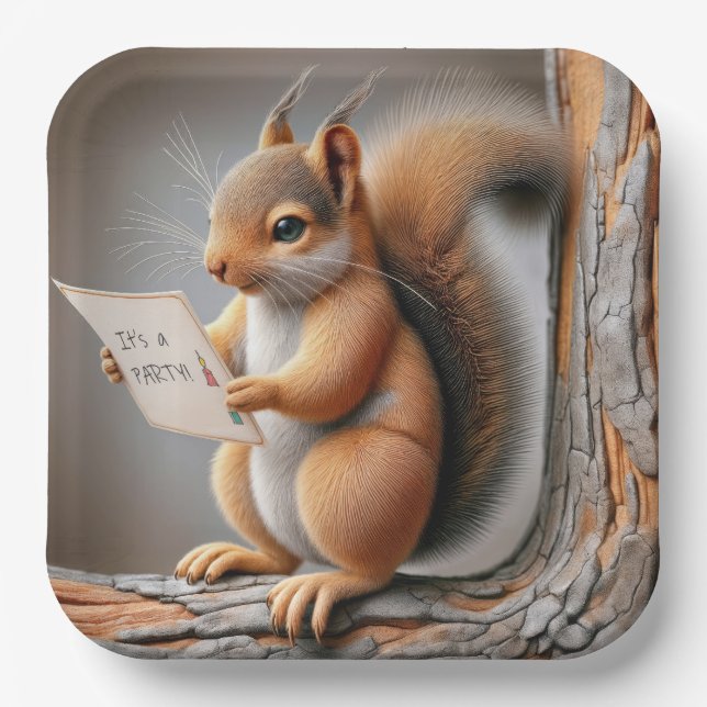 Squirrel Reading a Birthday Party Invite Paper Plate (Front)