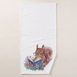 Squirrel Reading A Book, Nestled In Flowers Bath Towel