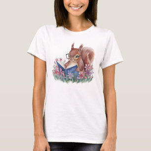 Squirrel Reading A Book, Nestled In Flowers T-Shirt