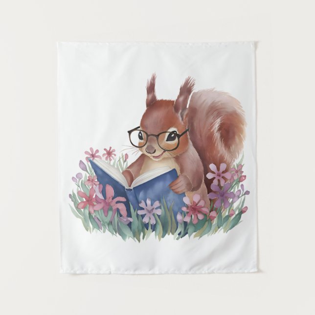 Squirrel Reading A Book, Nestled In Flowers Tapestry (Front)