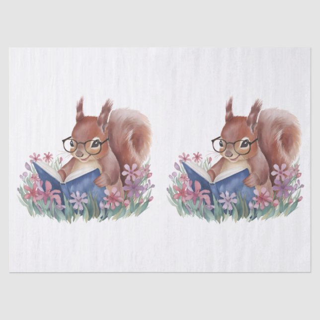 Squirrel Reading A Book Nestled In Flowers Tissue Paper (Front)