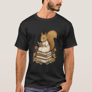 Squirrel Reading Books Illustration Literary Woodl T-Shirt