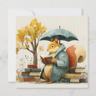 Squirrel Reading Books Under an Umbrella Holiday Card