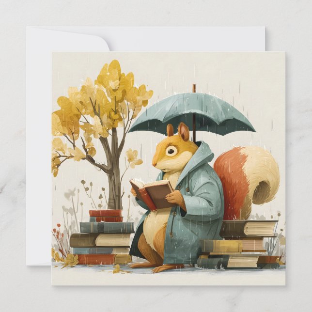 Squirrel Reading Books Under an Umbrella  Holiday Card (Front)