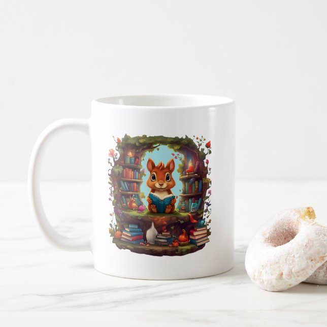 Squirrel Reading On A Vintage Bookshelf Coffee Mug (With Donut)