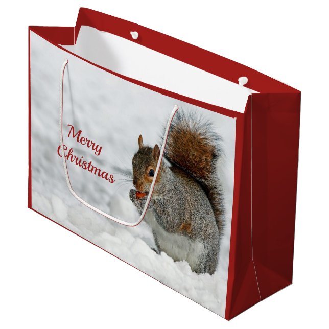 Squirrel Red Berry Snow Photo Christmas Large Gift Bag (Front Angled)