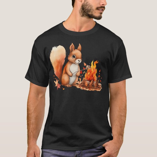 Squirrel Roasting Marshmallow Campfire Camping Cam T-Shirt (Front)