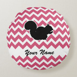 Squirrel Silhouette with Pink Chevron Pattern Round Cushion