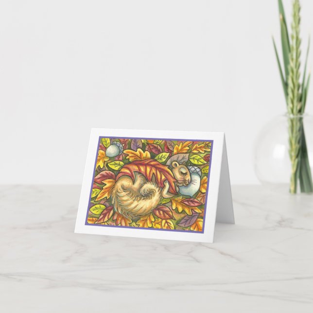 SQUIRREL SLEEPING UNDER AUTUMN LEAVES, SEASONAL CARD (Front)