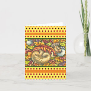 SQUIRREL SLEEPING UNDER AUTUMN LEAVES, SEASONAL CARD