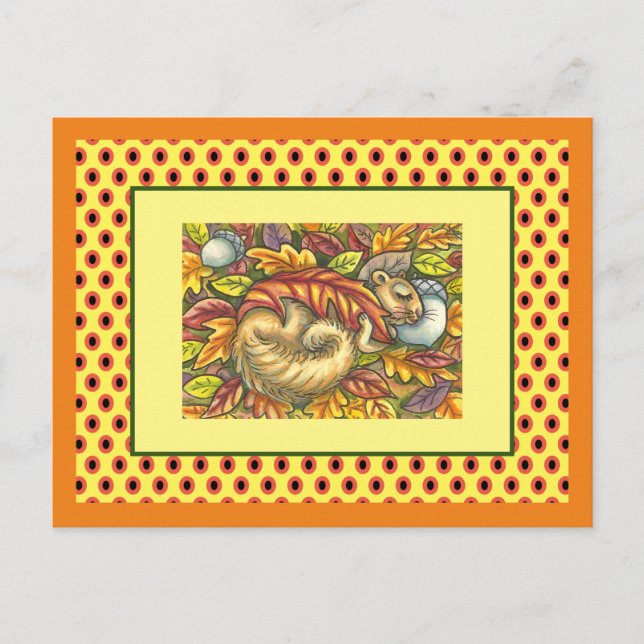 SQUIRREL SLEEPING UNDER AUTUMN LEAVES, SEASONAL POSTCARD (Front)