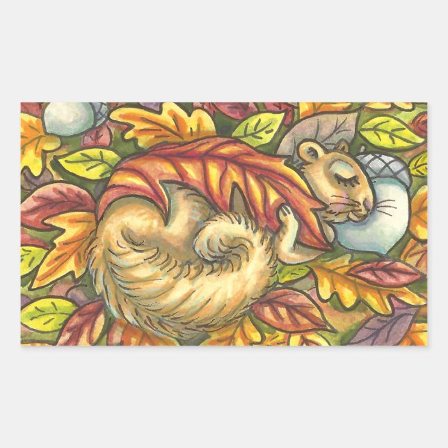 SQUIRREL SLEEPING UNDER AUTUMN LEAVES, SEASONAL RECTANGULAR STICKER (Front)
