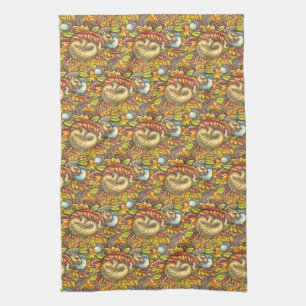 SQUIRREL SLEEPING UNDER AUTUMN LEAVES, SEASONAL TEA TOWEL