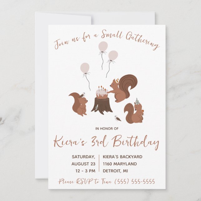 Squirrel Small Gathering, Woodland Birthday Party Invitation (Front)