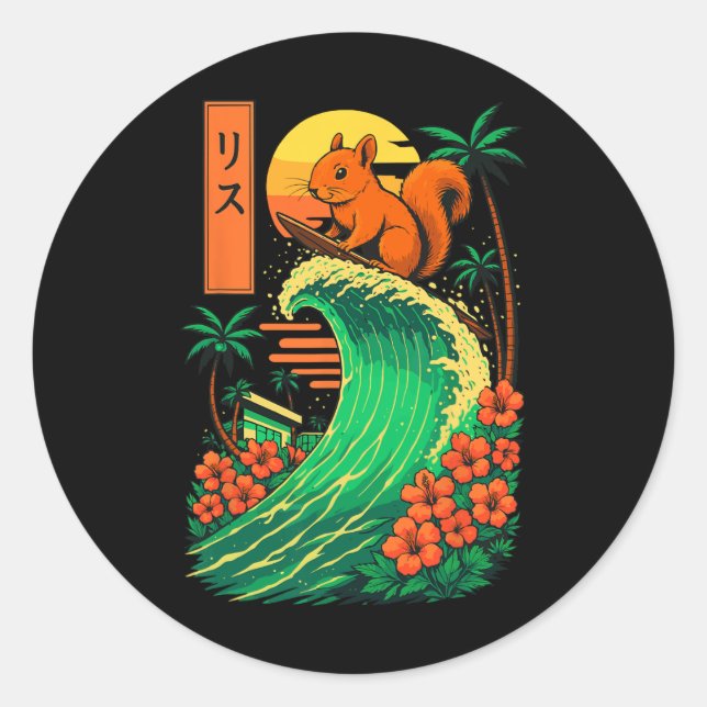 Squirrel Surfing Japanese  Classic Round Sticker (Front)