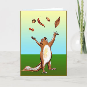 Squirrel Throwing Nuts Leaves Fall In The Air Card