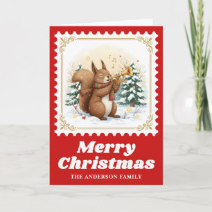 Squirrel Trumpet Retro Postage Stamp Christmas Holiday Card