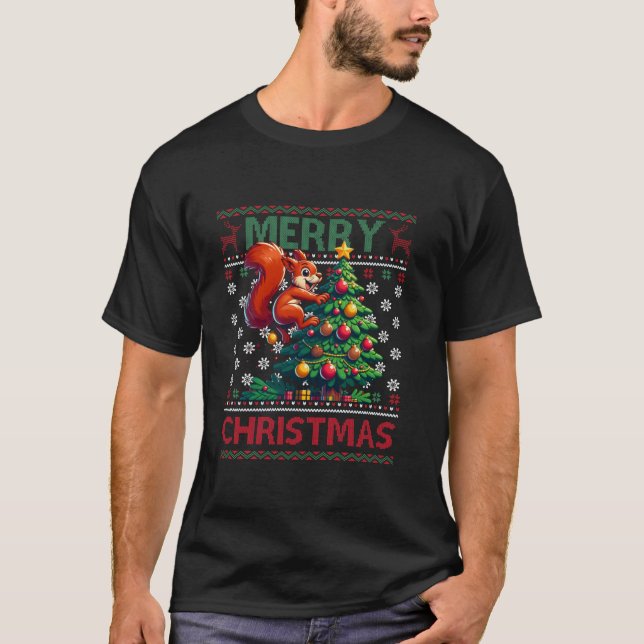 Squirrel Ugly Christmas Snowflakes Light Santa Hat T-Shirt (Front)
