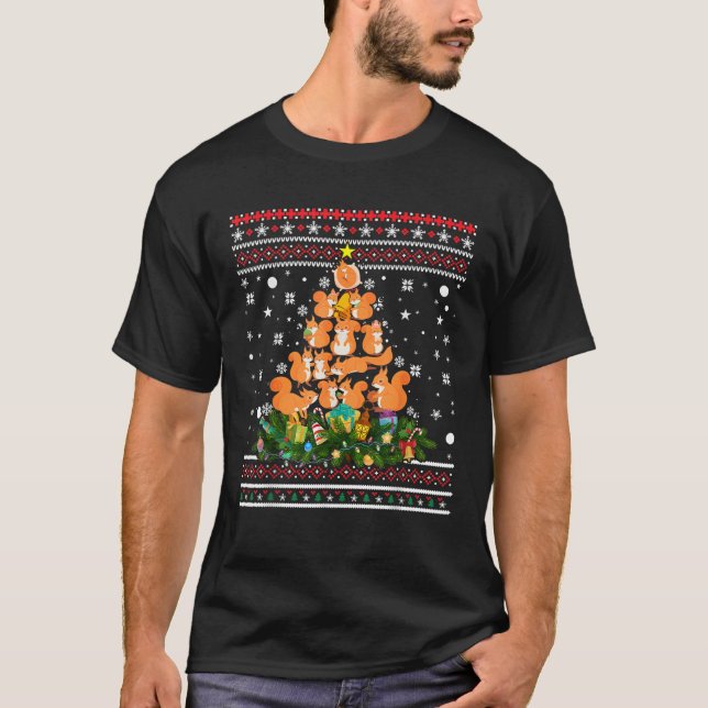 Squirrel Ugly Christmas Tree Funny Snowflakes Cand T-Shirt (Front)