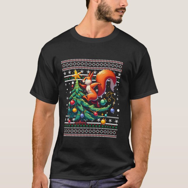 Squirrel Ugly Christmas Tree Santa Hat Light Snowf T-Shirt (Front)