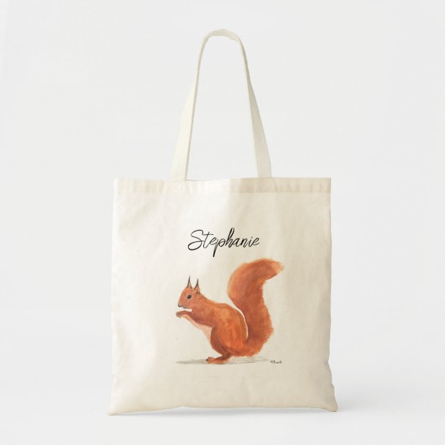 Squirrel watercolor animal woodland baby name fall tote bag (Front)