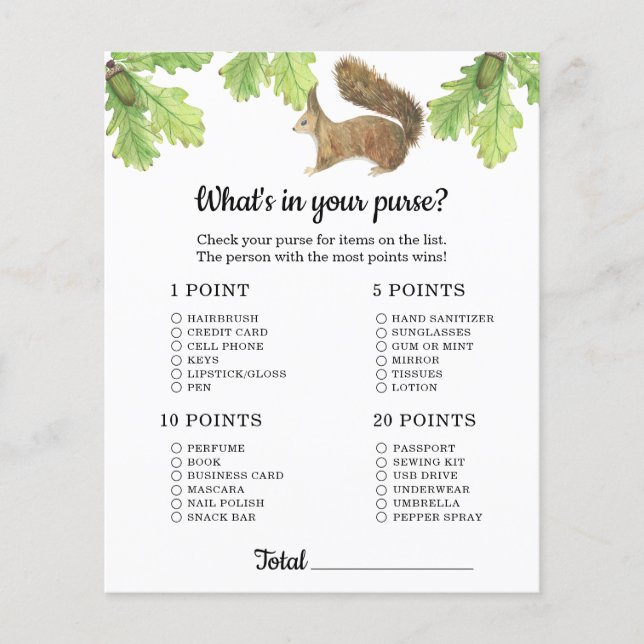 Squirrel - What's in your purse baby shower game (Front)