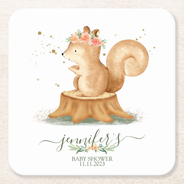 Squirrel wildlife baby newborn square paper coaster (Front)