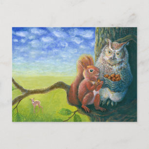 Squirrel & Wise Owl with Hazelnuts Illustration Postcard