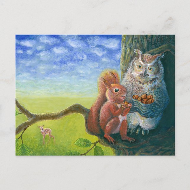 Squirrel & Wise Owl with Hazelnuts Illustration Postcard (Front)