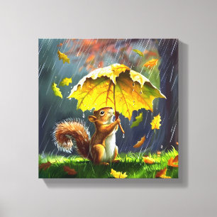 Squirrel With A Leafy Umbrella Canvas Print