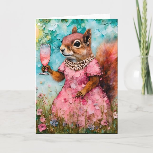 Squirrel with a Pink Dress and a Drink Card (Front)
