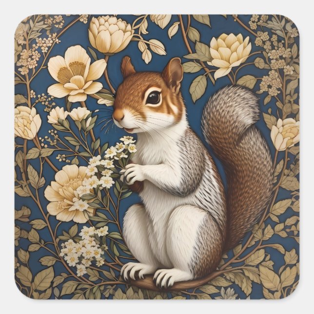 Squirrel With Acacia Flowers William Morris Square Sticker (Front)