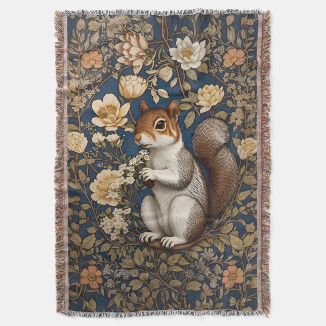 Squirrel With Acacia Flowers William Morris Throw Blanket (Front Vertical)
