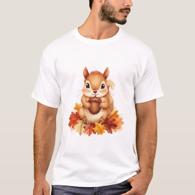 Squirrel With Acorn In Fall Leaves T-Shirt (Front)